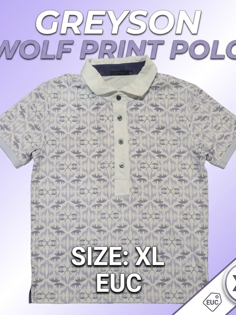 Greyson Wolf Print Polo Shirt Men's XL Lavender White EUC